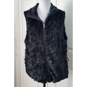 SM NEW YORK Wavy Sequin Detail Faux Fur Zip Front Vest Charcoal Gray SZ XL  NWT